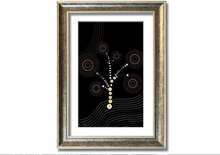 Framed Aboriginal Tree 2 print showcasing vibrant colors and intricate patterns, ready to hang.